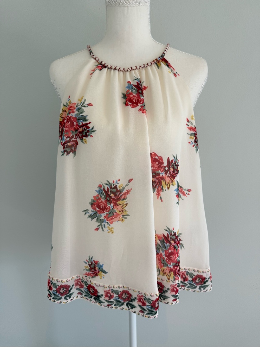 Joie Gris Hacienda Halter Camisole with Red Floral Bouquet Print, Porcelain